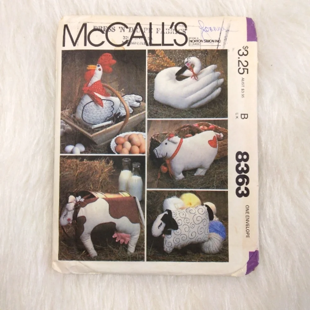 Vintage McCall's 8363 Animal Pillow Dolls Chicken, Swan, sheep, Pig, Cow